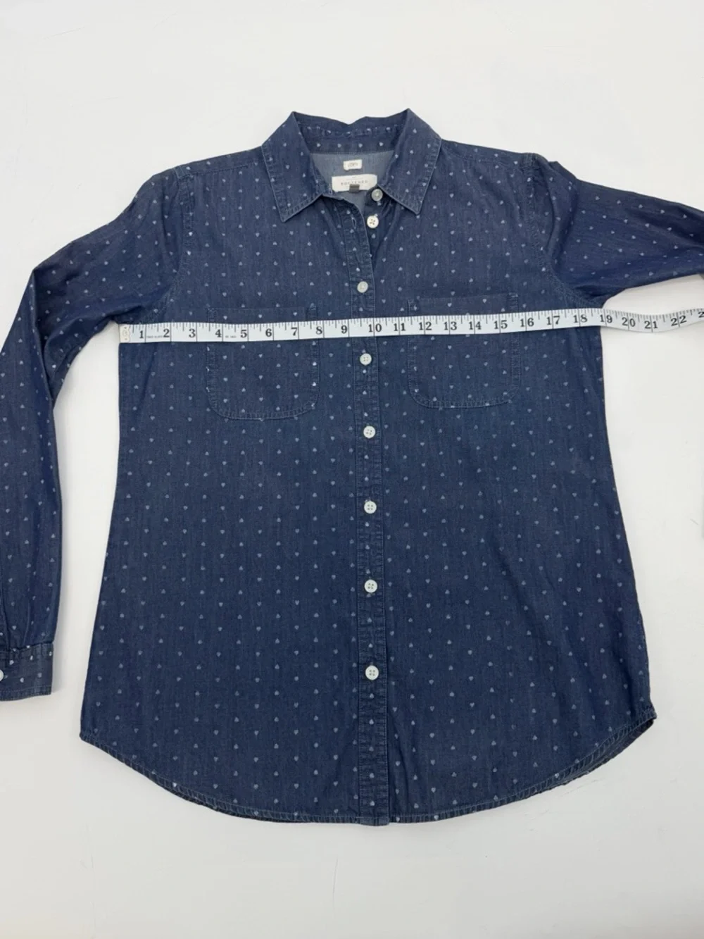 LOFT Softened Chambray Heart Print Button Down Shirt Size Small 100% Cotton - Picture 8 of 12